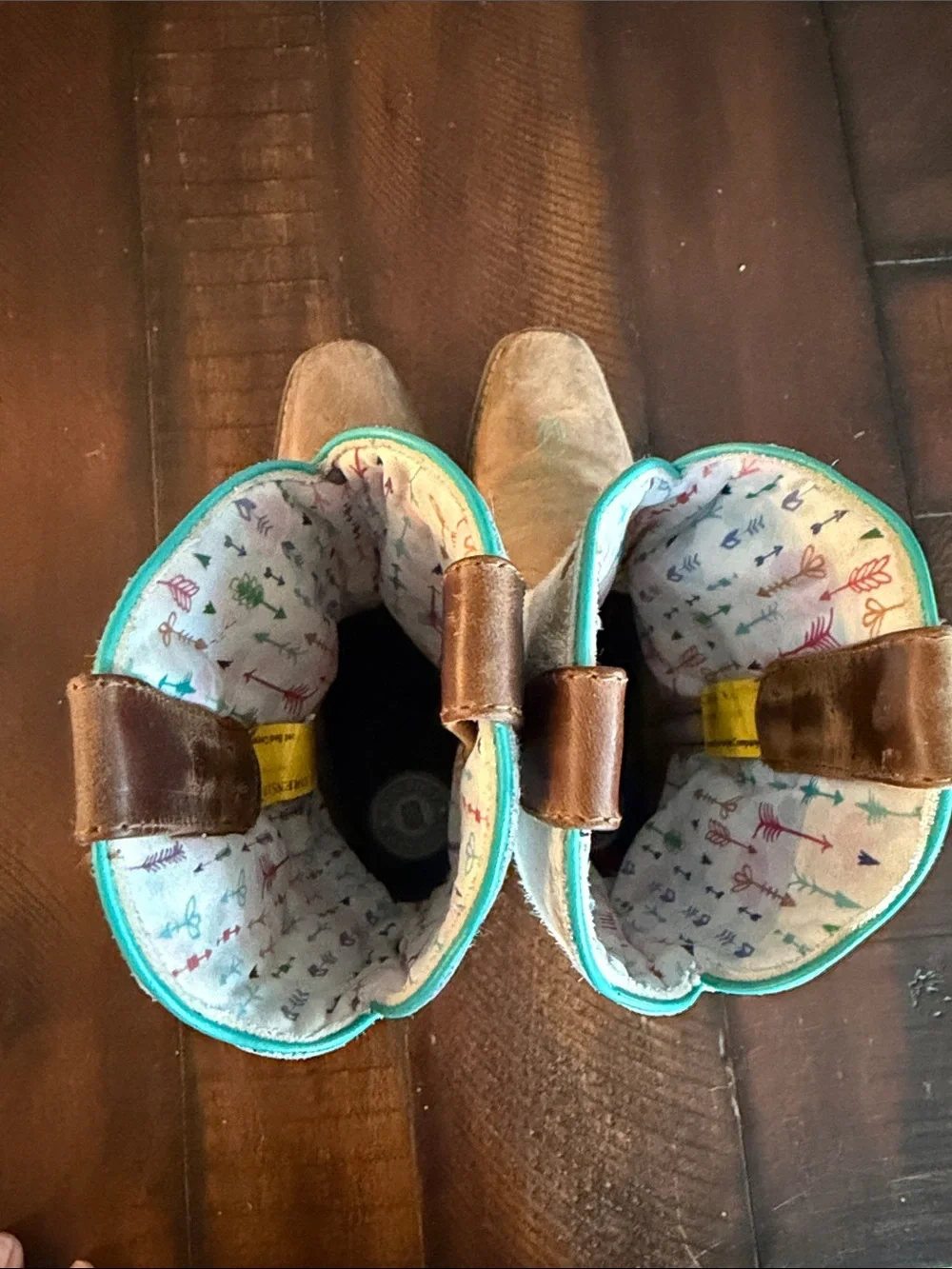 Dan Post Kids Brown Leather & Cream Cowhide Boots with Turquoise Trim